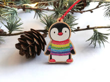 Load image into Gallery viewer, Penguin mini Christmas decoration. Rainbow jumper small wooden penguin. Christmas jumper, Cute Christmas tree ornament