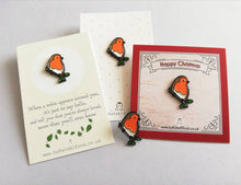 Load image into Gallery viewer, Little robin enamel pin, Christmas pin, memory robin, choice of backing cards