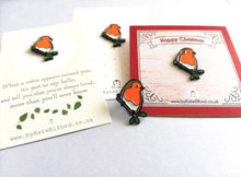 Load image into Gallery viewer, Little robin enamel pin, Christmas pin, memory robin, choice of backing cards