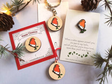 Load image into Gallery viewer, Little robin enamel pin, Christmas pin, memory robin, choice of backing cards