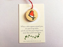 Load image into Gallery viewer, Small robin decoration. Tiny wooden Christmas tree ornament, environmentally friendly wood, choice of backing card, happy Christmas, memory