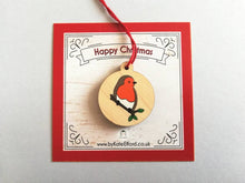 Load image into Gallery viewer, Small robin decoration. Tiny wooden Christmas tree ornament, environmentally friendly wood, choice of backing card, happy Christmas, memory
