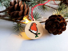 Load image into Gallery viewer, Small robin decoration. Tiny wooden Christmas tree ornament, environmentally friendly wood, choice of backing card, happy Christmas, memory