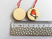 Load image into Gallery viewer, Small robin decoration. Tiny wooden Christmas tree ornament, environmentally friendly wood, choice of backing card, happy Christmas, memory