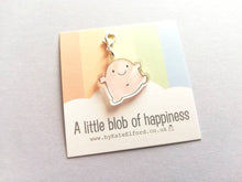 Load image into Gallery viewer, A little blob of happiness stitch marker, cute pink blob, positive charm, friendship, supportive, recycled acrylic
