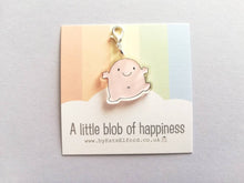 Load image into Gallery viewer, A little blob of happiness stitch marker, cute pink blob, positive charm, friendship, supportive, recycled acrylic