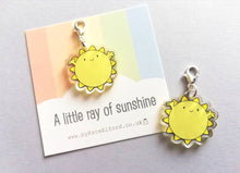 Load image into Gallery viewer, A little ray of sunshine stitch marker, cute positive charm, friendship, thank you, sunny, postable, supportive, happy recycled acrylic