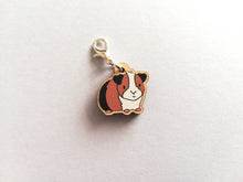 Load image into Gallery viewer, Guinea pig stitch marker, mini wooden cavy, ethically sourced wood, tri colour guinea pig charm

