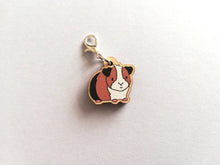 Load image into Gallery viewer, Guinea pig stitch marker, mini wooden cavy, ethically sourced wood, tri colour guinea pig charm