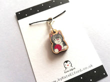 Load image into Gallery viewer, Cat stitch marker, mini wooden cat and wool, ethically sourced wood, crochet marker, cat charm