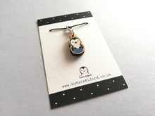 Load image into Gallery viewer, Penguin stitch marker, mini knitting penguin, wooden charm, ethically sourced wood, penguin, crochet stitch marker