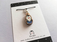 Load image into Gallery viewer, Penguin stitch marker, mini knitting penguin, wooden charm, ethically sourced wood, penguin, crochet stitch marker