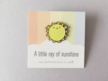 Load image into Gallery viewer, Seconds. A little Ray of sunshine enamel pin, cute sun, positive enamel brooch, supportive, friendship, care badge.