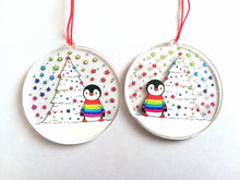 Load image into Gallery viewer, Penguin rainbow Christmas decoration. Recycled acrylic, Rainbow tree Christmas ornament, eco friendly