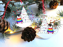 Load image into Gallery viewer, Penguin rainbow Christmas decoration. Recycled acrylic, Rainbow tree Christmas ornament, eco friendly
