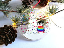 Load image into Gallery viewer, Penguin rainbow Christmas decoration. Recycled acrylic, Rainbow tree Christmas ornament, eco friendly
