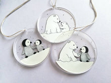 Load image into Gallery viewer, Polar bear and penguin recycled Christmas ornaments, set of three cute decorations, snow Christmas tree hangers