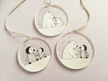 Load image into Gallery viewer, Polar bear and penguin recycled Christmas ornaments, set of three cute decorations, snow Christmas tree hangers