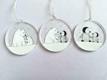 Load image into Gallery viewer, Polar bear and penguin recycled Christmas ornaments, set of three cute decorations, snow Christmas tree hangers