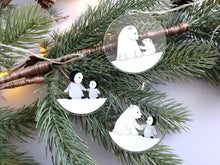 Load image into Gallery viewer, Polar bear and penguin recycled Christmas ornaments, set of three cute decorations, snow Christmas tree hangers