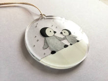 Load image into Gallery viewer, Recycled penguin decoration. Little penguins Christmas ornament, cute penguin friends in the snow