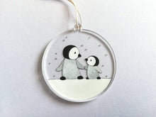 Load image into Gallery viewer, Recycled penguin decoration. Little penguins Christmas ornament, cute penguin friends in the snow