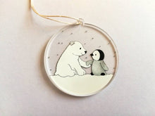 Load image into Gallery viewer, Penguin and polar bear decoration. Little recycled acrylic Christmas ornament, penguin and bear in the snow, eco friendly