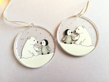 Load image into Gallery viewer, Penguin and polar bear decoration. Little recycled acrylic Christmas ornament, penguin and bear in the snow, eco friendly