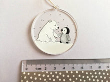Load image into Gallery viewer, Penguin and polar bear decoration. Little recycled acrylic Christmas ornament, penguin and bear in the snow, eco friendly