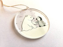Load image into Gallery viewer, Penguin and polar bear decoration. Little recycled acrylic Christmas ornament, penguin and bear in the snow, eco friendly
