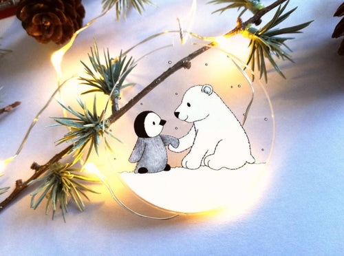 Penguin and polar bear decoration. Little recycled acrylic Christmas ornament, penguin and bear in the snow, eco friendly