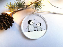 Load image into Gallery viewer, Recycled penguin decoration. Little penguins Christmas ornament, cute penguin friends in the snow