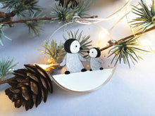 Load image into Gallery viewer, Recycled penguin decoration. Little penguins Christmas ornament, cute penguin friends in the snow