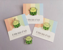 Load image into Gallery viewer, Seconds. A little blob of luck enamel pin, cute, positive gift, supportive, friendship, lucky, clover enamel badges