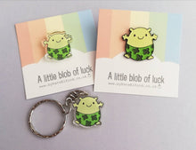 Load image into Gallery viewer, A little blob of luck keyring, mini good luck key fob, four leaf clover, postable, supportive, care recycled acrylic
