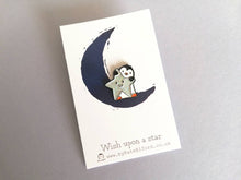Load image into Gallery viewer, Little penguin and star pin. Penguin glitter enamel pin.