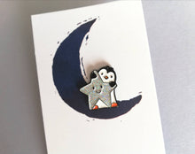 Load image into Gallery viewer, Little penguin and star pin. Penguin glitter enamel pin.