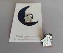 Load image into Gallery viewer, Little penguin and star pin. Penguin glitter enamel pin.