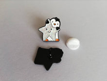Load image into Gallery viewer, Little penguin and star pin. Penguin glitter enamel pin.
