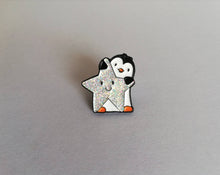 Load image into Gallery viewer, Little penguin and star pin. Penguin glitter enamel pin.