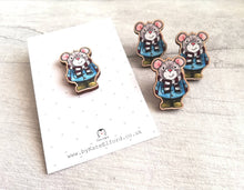 Load image into Gallery viewer, Little mouse wooden pin brooch, autumn, winter cute little mouse badge. Responsibly resourced wood. Mice, duffle coat and wellies