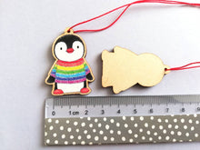Load image into Gallery viewer, Penguin mini Christmas decoration. Rainbow jumper small wooden penguin. Christmas jumper, Cute Christmas tree ornament