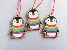 Load image into Gallery viewer, Penguin mini Christmas decoration. Rainbow jumper small wooden penguin. Christmas jumper, Cute Christmas tree ornament