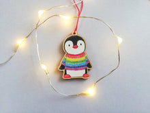 Load image into Gallery viewer, Penguin mini Christmas decoration. Rainbow jumper small wooden penguin. Christmas jumper, Cute Christmas tree ornament