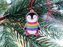 Load image into Gallery viewer, Penguin mini Christmas decoration. Rainbow jumper small wooden penguin. Christmas jumper, Cute Christmas tree ornament