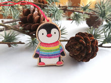 Load image into Gallery viewer, Penguin mini Christmas decoration. Rainbow jumper small wooden penguin. Christmas jumper, Cute Christmas tree ornament