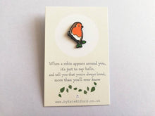 Load image into Gallery viewer, Little robin enamel pin, Christmas pin, memory robin, choice of backing cards