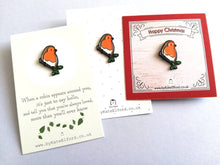 Load image into Gallery viewer, Little robin enamel pin, Christmas pin, memory robin, choice of backing cards
