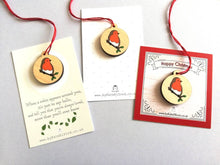 Load image into Gallery viewer, Small robin decoration. Tiny wooden Christmas tree ornament, environmentally friendly wood, choice of backing card, happy Christmas, memory