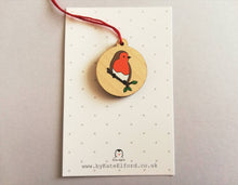 Load image into Gallery viewer, Small robin decoration. Tiny wooden Christmas tree ornament, environmentally friendly wood, choice of backing card, happy Christmas, memory